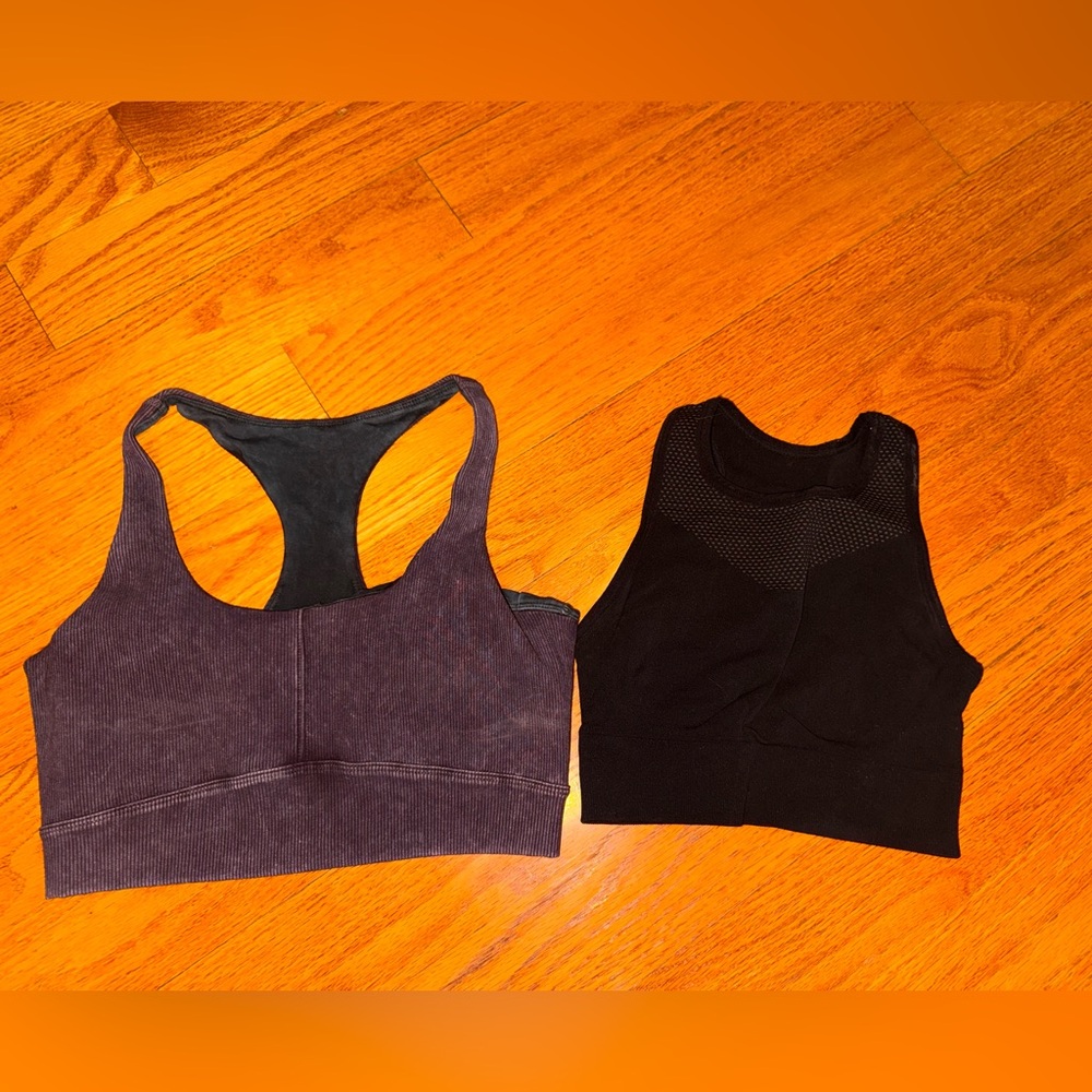 🍎Zella Black Sports Bra with Purple Ribbed Strap